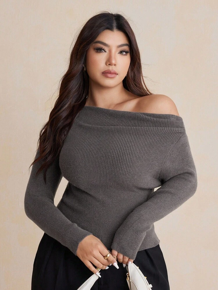 Dazy Plus Plus Size Women Elegant Solid Color Off-Shoulder Pullover Sweater, Suitable For Party, Autumn