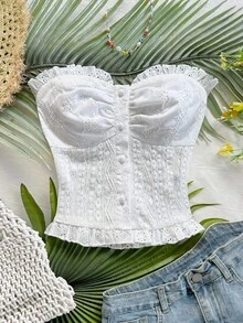 Dreamara 大码女式白色休闲纹理面料荷叶边抹胸上衣，适合度假、海滩、夏季、波西米亚风穿着 - 白色 - 查看 5