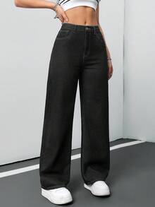 SHEIN Tall CURVE 女士加大码深蓝色宽松牛仔阔腿裤，夏季/7月4日美国独立日主题，适合上班、机场、度假、夜店等场合，高腰牛仔裤，复古/冬季风格 - 黑色 - 查看 6