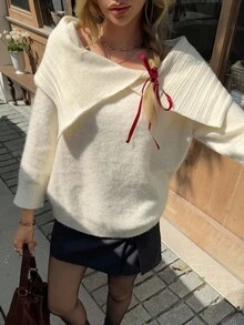 Livesso 女式露肩纯色长袖宽松针织毛衣，秋季 - 杏色 - 查看 5