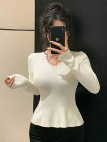 DAZY Women's Elegant Commuter Solid Color Lace Trim Waist Sweater Fall - White - View 4