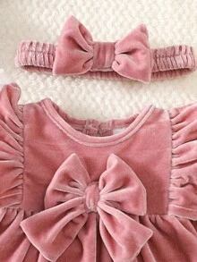 SHEIN Newborn Pink Velvet Dress With Bow Headband And Lace Trim, Sweet Princess Style Fall Winter - Pink - View 6