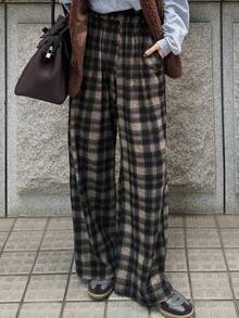 FRIFUL 女士格子阔腿撞色保暖加厚长裤，秋季适合万圣节穿着 - 棕色 - 查看 5