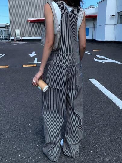 DAZY 女士休闲日常百搭条纹宽松牛仔背带裤 秋冬 Y2K
