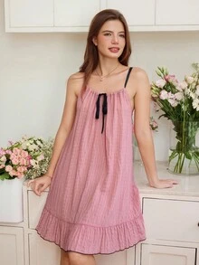 撞色边缘抽绳细肩带荷叶边下摆女士睡裙睡衣裙荷叶边下摆连衣裙休闲夏装女士夏装女士服装夏装娃娃裙 - 粉色 - 查看 5
