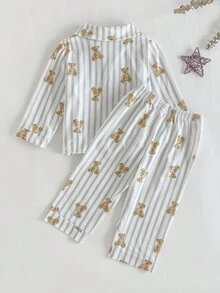2pcs Baby Boy Cute Bear Print Grey & White Striped Long Sleeve Top And Pants Elegant Comfortable Pajama Set Bear Pajama Set Kids Pajama Set Baby Boy Pajama Set Toddler Pajama Set Fall Winter Cute Bear Pajama Set Striped Bear Print Pajamas Baby Boy Sleepwear Striped Sleepwear Set Cute Bear Print Pajamas
