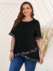 EMERY ROSE 大尺碼女士花卉印花拼接t恤 - 黑色 - 查看 5
