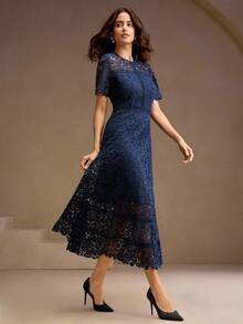 Anewsta Elegant Lace Patchwork Graceful Sleeveless Midi Dress, Ivory White - Navy Blue - View 5