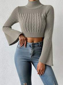 EURMUSE Cable Knit Mock Neck Flare Sleeve Crop Sweater - Dark Grey - View 3