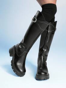 Sugerpunk 女式黑色侧拉链粗跟系带扣马靴，暗黑摇滚朋克哥特风格过膝靴 - 黑色 - 查看 1