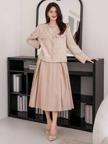 DAZY 女士休闲圆领口袋常规款夹克，秋季格子女式外套 - 粉色 - 查看 3