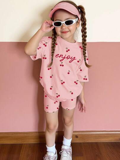 SHEIN Happikins 2pcs/Set Young Girl Casual Minimalist Short Sleeve Top And Shorts Set, Suitable For Summer