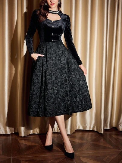 Vintamour 女士花卉提花优雅派对中长裙，黑色，适合秋冬季节、万圣节、圣诞节、沙特国庆节和新年等场合。