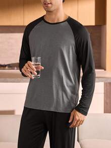 Manfinity Underwear&Sleepwear Basics Plus Size Men's Contrast Color Patchwork Pajama Set (Top And Pants), Fall Clothes - Black - View 4