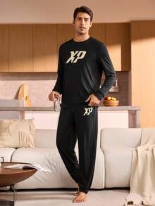 Manfinity Underwear&Sleepwear Basics Men's Letter Print Crew Neck Long Sleeve Top And Pants Pajama Set, Fall Winter Clothes - Black - View 3