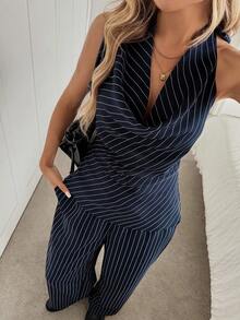 SHEIN LUNE 2pcs/Set Halter Tie Bow Collar Sleeveless Blouse And Elastic Waist Wide Leg Pants, Casual Striped Elegant Commuter Vintage Style Women Set Navy Blue Jumpsuit Women Halter Jumpsuits For Women Elegant Jumpsuits Striped Jumpsuit Women's Winter Clothes Formal Women's Clothes