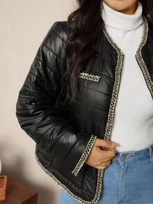 Zelara Plus Size Contrast Color Casual Long Sleeve Padded Coat, Versatile And Warm For Autumn/Winter Black Quilted Jacket Women Women Quilted Jacket Quilted Jacket With Trim Black Jacket With Gold Trim Lightweight Quilted Jacket Cropped Jackets Winter Jackets Autumn Party Fall - Black - View 4