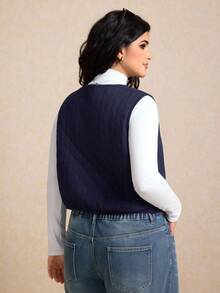 Elaquor Plus Size Dark Blue Denim Quilted Vest Jacket Winter Thermal Lined Jacket Casual Warm Wear Bow Tie Casual Jacket - Dark Wash - View 2