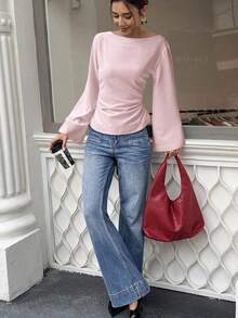 EMERY ROSE 女式纯色船领喇叭袖褶皱时尚衬衫 - 粉色 - 查看 3