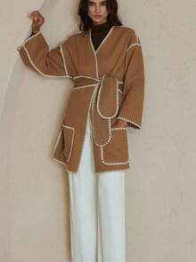 GENKIRA Women's Long Overcoat With Shell Crafted Design - Camel - View 5