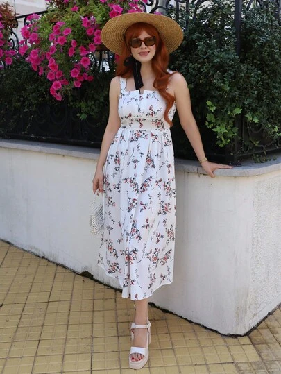 Gretanique 最新春夏时尚优雅花卉印花腰部褶皱女式连衣裙