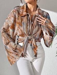 EMERY ROSE 女士春夏时尚假日通勤随机花卉印花喇叭袖衬衫，长袖上衣 - 棕色 - 查看 5