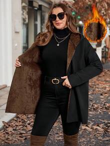 SHEIN CURVE+ Plus Size Women's Solid Color Long Sleeve Thermal Lined Casual Hoodie Jacket, Autumn/Winter - Black - View 8