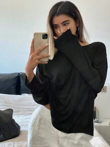 Livesso 女士纯色休闲宽松日常搭配上衣，秋季衣服长袖女上衣 - 黑色 - 查看 6