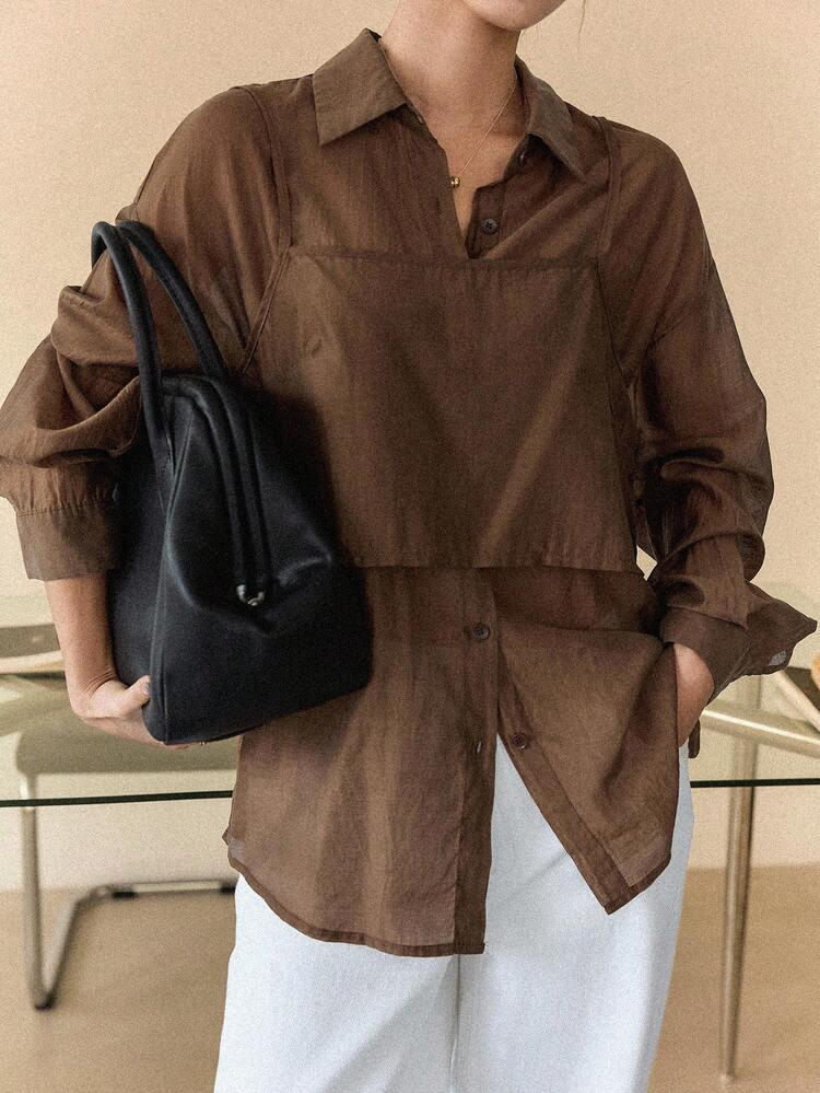 2pcs/Set Women Casual Loose Brown Teacher Style Shirt Set, Autumn/Winter