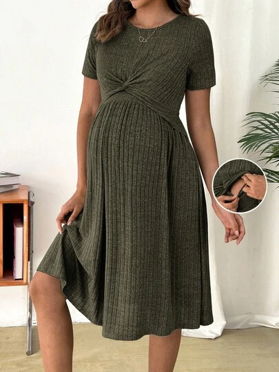 Cheriluna Maternity Casual Solid Color Comfortable Loose Round Neck Short Sleeve Nursing Dresses