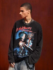 ROMWE MEN A Nightmare on Elm Street X ROMWE 男式字母和图形圆领长袖 T 恤，秋季 - 黑色 - 查看 5