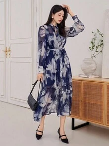 DAZY 女式花卉印花V领系带中长连衣裙，秋季 - 藍色 - 查看 4