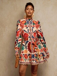 Travachic Elegant Floral Print Long Sleeve Dress, Suitable For Commuting,  New Year Clothes,  Going Out Outfit, Luxury Elegant Graduation, Boho Dress, Floral Print Dress,Fall Outfits For Women, National Day - Multicolor - View 5