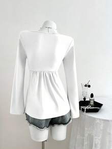 Elamini Damska koszulka z długim rękawem i swobodnym dekoltem w serek z przodu, uniwersalny nowy styl, wiosna/jesień - Biały - Zobacz 2