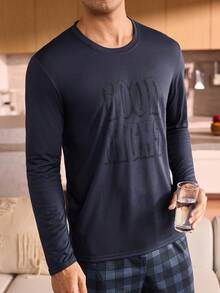 Manfinity Underwear&Sleepwear Basics Men's Round Neck Long Sleeve Casual Homewear Top, Fall Sleep Wear, Winter