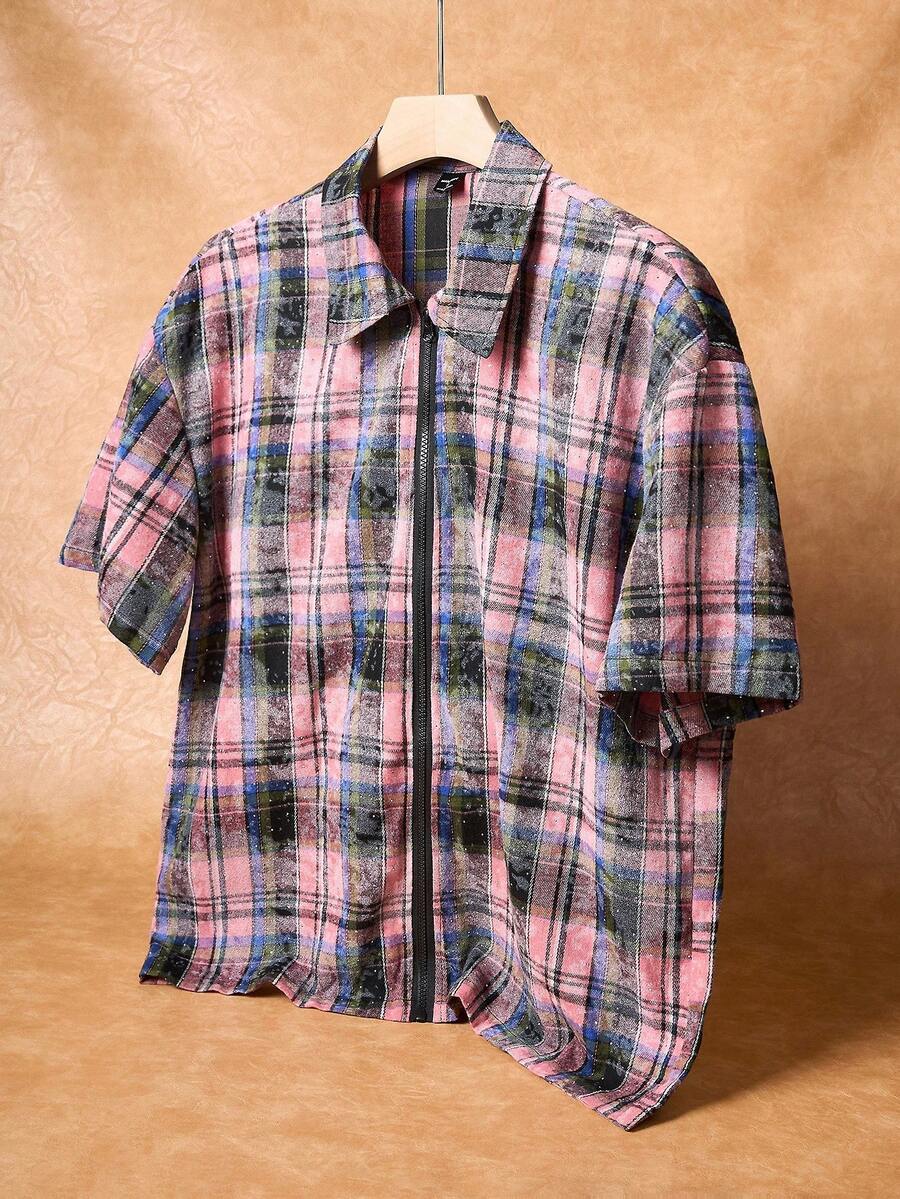 Manfinity Roghcode Men's Plaid Short Sleeve Shirt, Young Style - Multicolor - View 1