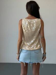 Aloruh Blusa holgada sin mangas con decoración de lentejuelas brillantes, para verano - Verde - Ver 3