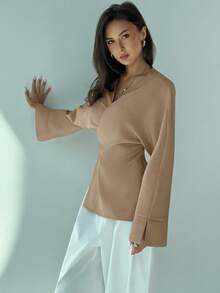 Aloruh Women's Solid Color Cross-Wrap Long Sleeve Fashionable Waist Shirt