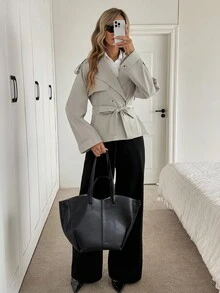 SHEIN LUNE Cappotto da donna grigio chiaro minimalista con revers, spalline e fiocco in vita, elegante giacca formale da ufficio per autunno e inverno, chic colore unito - Grigio - Visualizzare 4