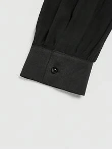 SHEIN Clasi 大码女式金属扣网眼拼接袖优雅修身衬衫，秋冬 - 黑色 - 查看 5