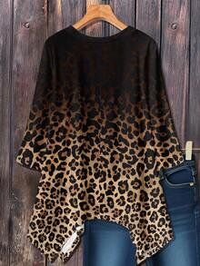 EMERY ROSE Plus Size Women Casual Asymmetrical Hem Round Neck Loose 3/4 Sleeve T-Shirt, Autumn/Winter Leopard Print Fall - Brown - View 2
