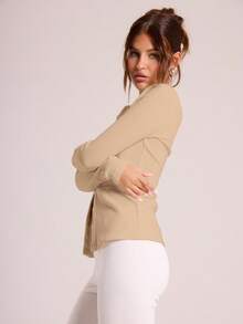 MUSERA Top de cuello redondo de manga larga con botones y costillas, casual, para vacaciones, aeropuerto, días festivos, otoño, elegante, primavera, verano - Albaricoque - Ver 4