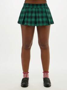 SUMWON WOMEN Pleated Green Check Mini Skirt With Tartan Pattern For Fall Winter Preppy School Style - Green - View 8