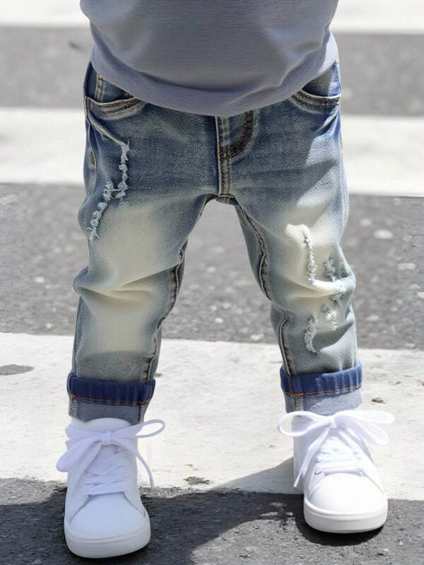 SHEIN Playful Pals Baby Boy Casual Daily Urban Street Elastic Waist Simple Comfortable Distressed Vintage Casual Jeans Fall Winter