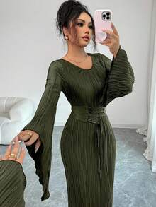 Elenzga Đầm dài thắt eo thanh lịch cỡ tiêu chuẩn dành cho nữ - xanh quân đội - Xem 5