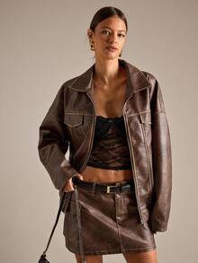 SHEIN BAE Chaqueta casual y oversize de unicolor para mujer para otoño/invierno, chaqueta de invierno para mujer, chaqueta burdeos, abrigos, chaqueta de PU casual, chaqueta oversize lavado premium marrón con detalle de costura