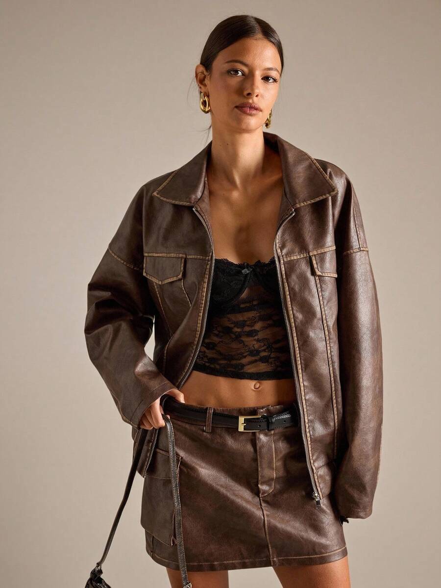 SHEIN BAE Chaqueta casual y oversize de unicolor para mujer para otoño/invierno, chaqueta de invierno para mujer, chaqueta burdeos, abrigos, chaqueta de PU casual, chaqueta oversize lavado premium marrón con detalle de costura