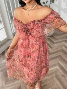 Soleia 粉色網紗花卉露肩無背蝴蝶結腰帶浪漫休閒假日大碼雙層荷葉邊連衣裙 - 粉色 - 查看 6