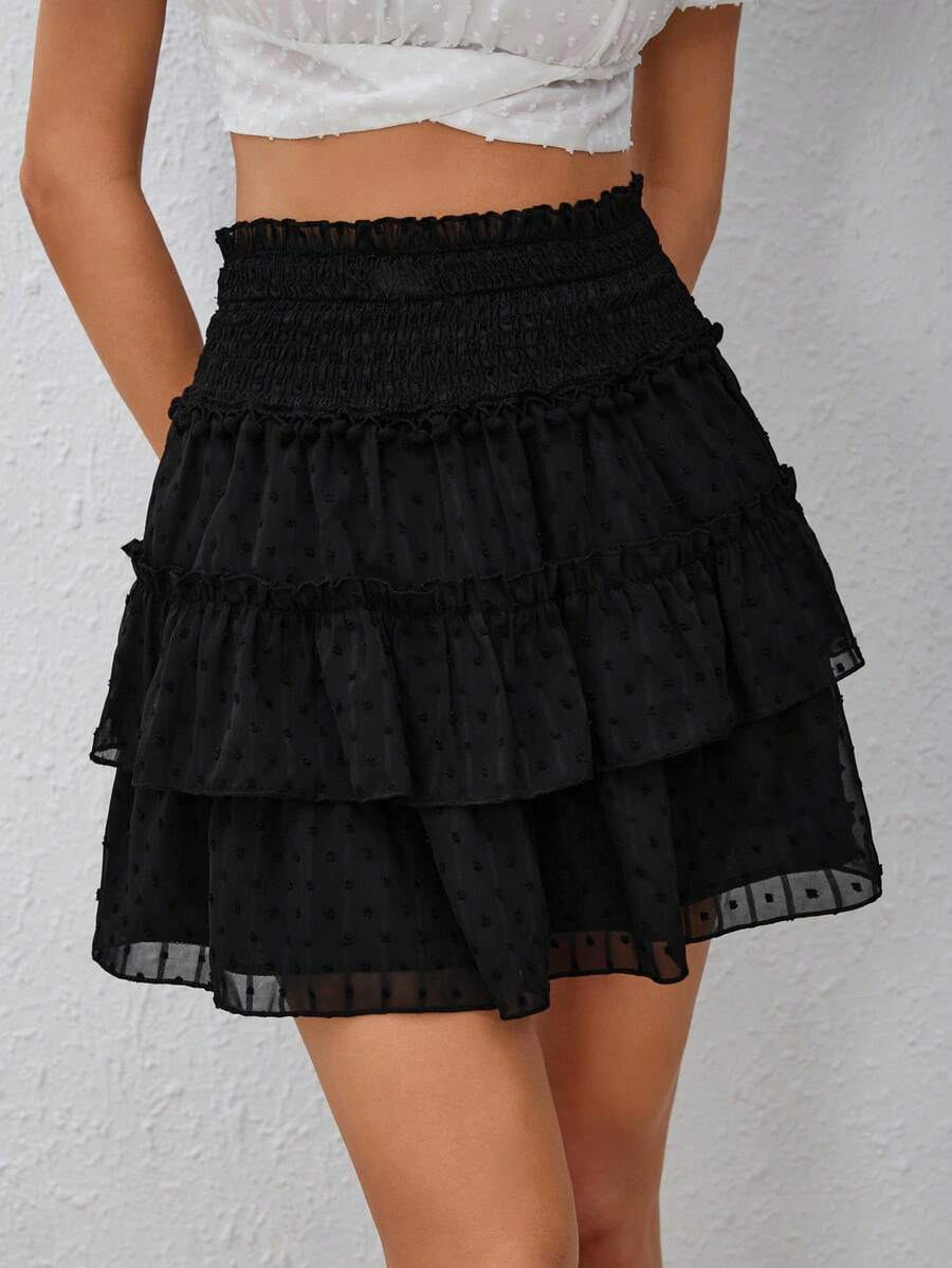 Soleia Swiss Dot Ruffle Trim Chiffon Skirt - Black - View 1
