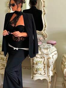 SHEIN SXY Lace Patchwork Halter Sexy Bodysuit, Black See Through , Black Lace Bodysuit,Party ,Going Out,Lace,Corset,Halloween,Club Outfits Women Sexy, Y2k,Date Night Dress